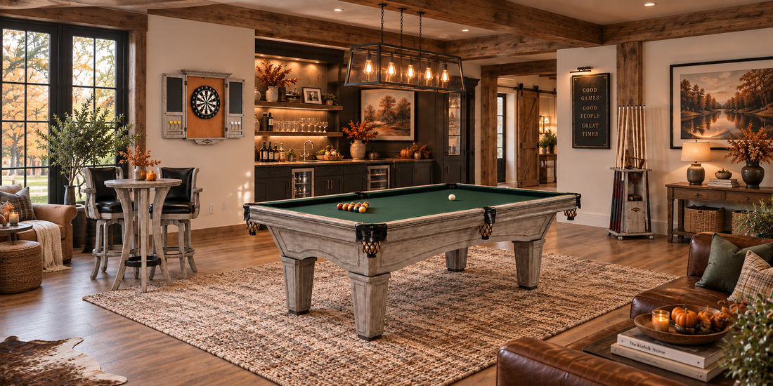 A rustic indoor game room featuring a green pool table as the central product, surrounded by a large woven rug, wood ceiling beams, bar shelving, a small dining table, and a leather sofa in a warm, styled home environment.