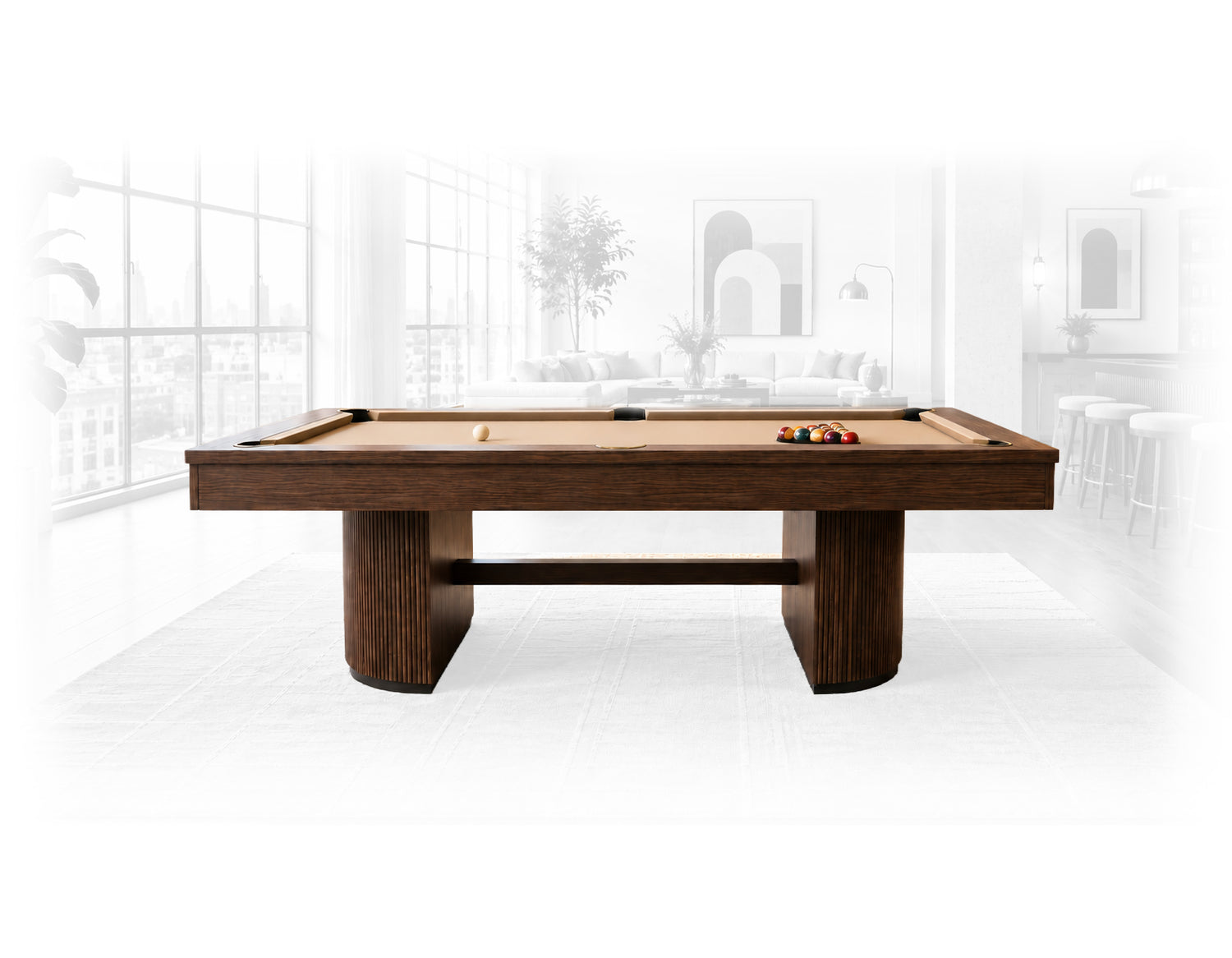 Billiard table in full color over a modern loft room in white and grey tones